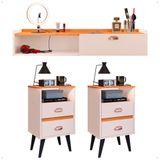Kit Quarto 2 Mesas Cabeceira Classic Pés Palito Retrô Penteadeira Suspensa Decor Camarim Puxador Concha Off White/cinamomo - Lojas Rpm
