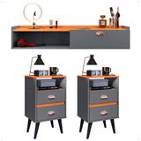 Kit Quarto 2 Mesas Cabeceira Classic Pés Palito Retrô Penteadeira Suspensa Decor Camarim Puxador Concha Cinza/cinamomo - Lojas Rpm