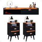 Kit Quarto 2 Mesas Cabeceira Classic Pés Palito Retrô Penteadeira Suspensa Decor Camarim Puxador Concha Preto/cinamomo - Lojas Rpm