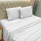 Jogo De Cama Lençol Bella Casal 4 Peças Micropercal 300 Fios Bordado Inglês Macio Branco 100% Poliéster