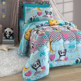 Kit Edredom Alegria Dupla Face Solteiro 2 Peças Malha Estampada 100% Algodão Panda Love
