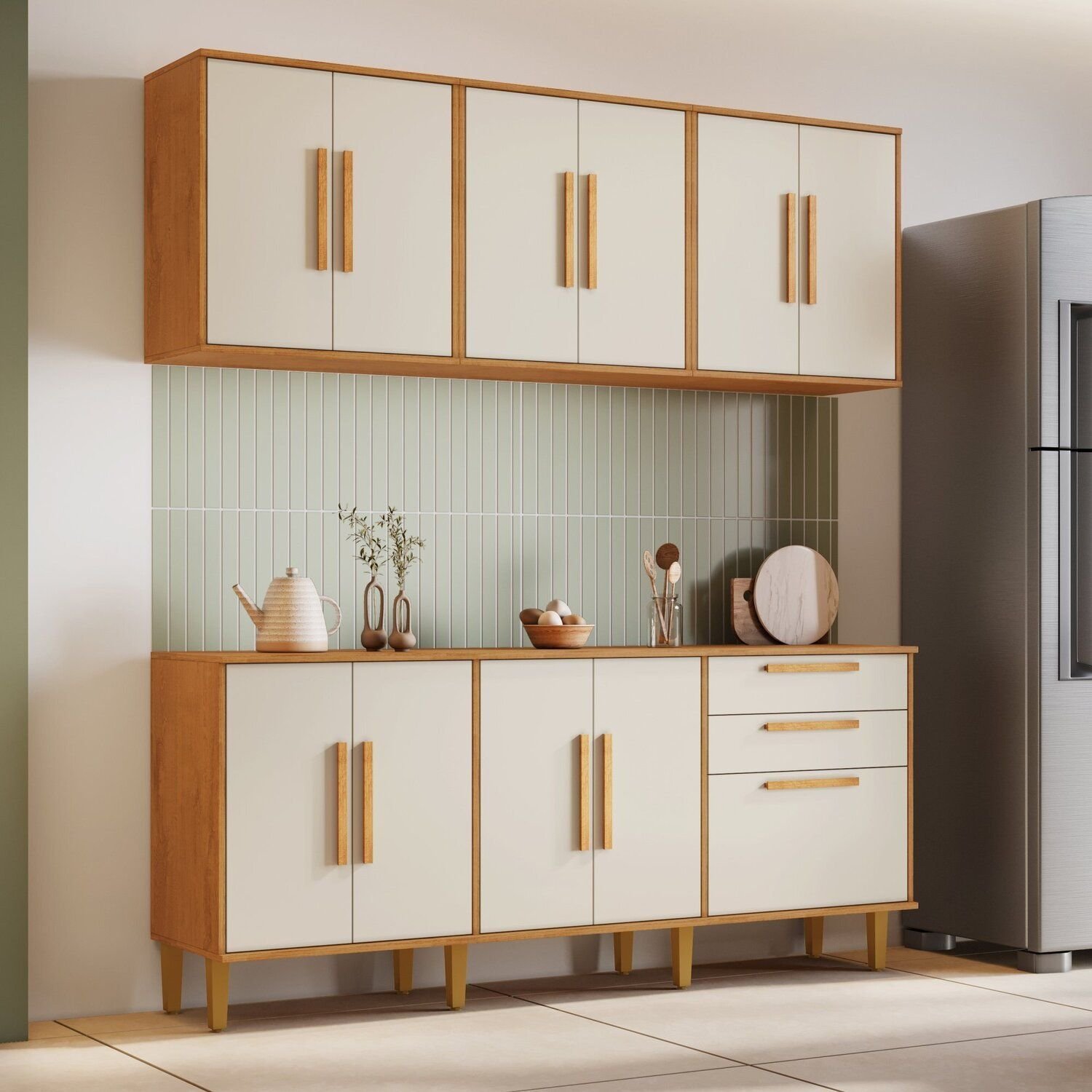 Cozinha Completa 4 Peças 11 Portas 2 Gavetas Lorena Marrom/bege