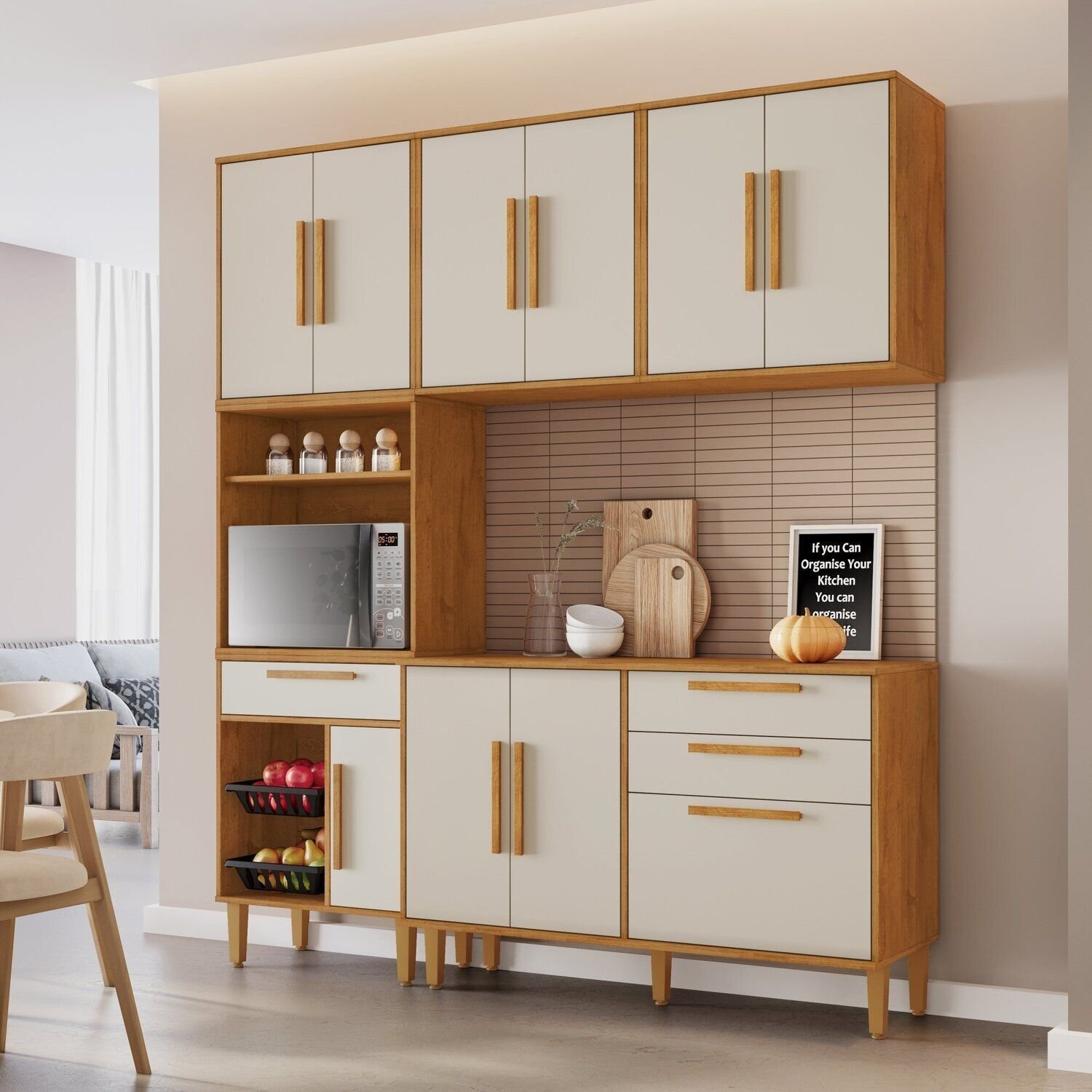 Cozinha Completa 4 Peças 10 Portas 2 Gavetas Com Fruteira Lorena Nature/off White