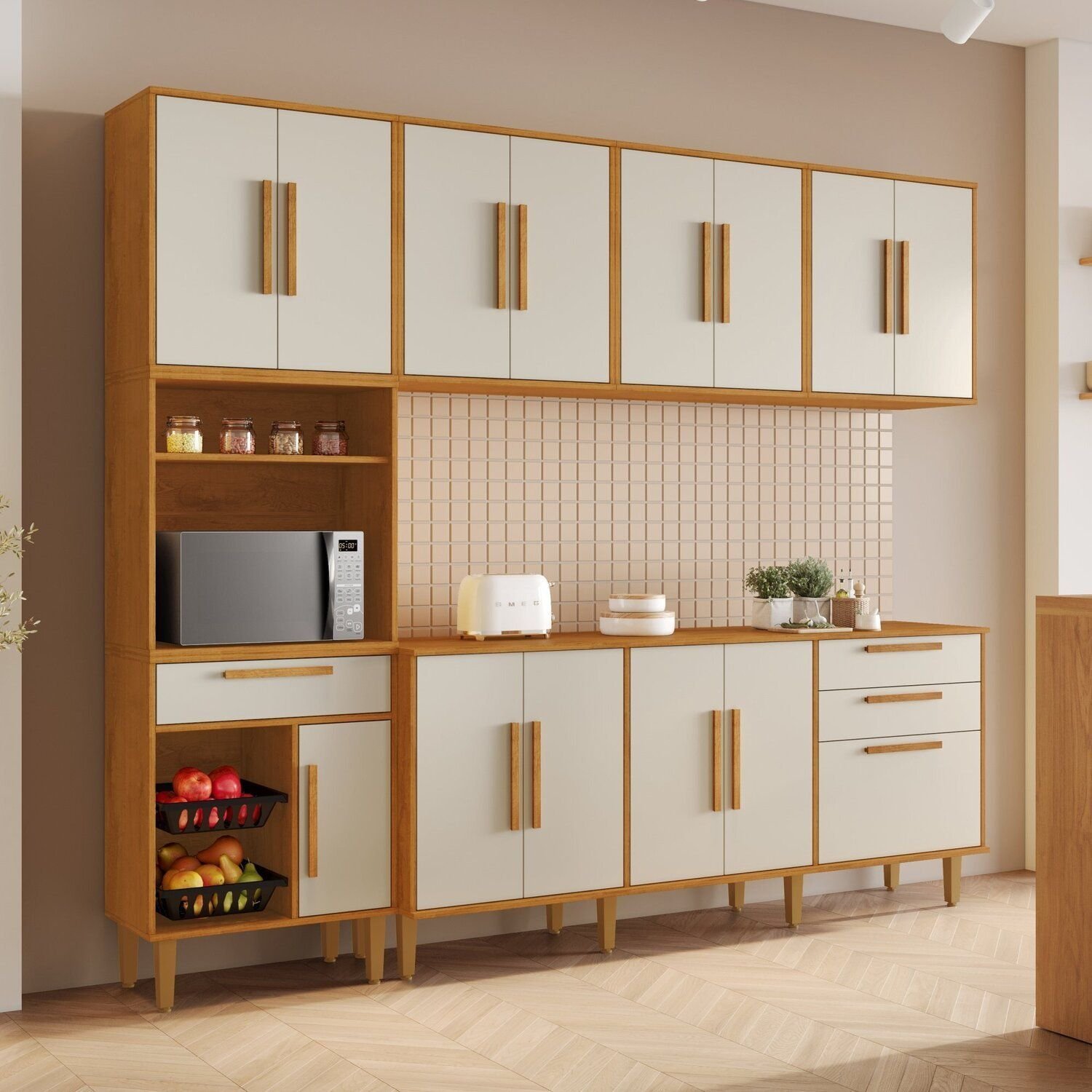 Cozinha Completa 5 Peças 14 Portas 2 Gavetas Com Fruteira Lorena Nature/off White