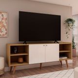 Rack Para Tv Até 65 Pol 100% Mdf Molduras 45° 2 Portas E Pés Em Madeira Maciça Cinamomo/white