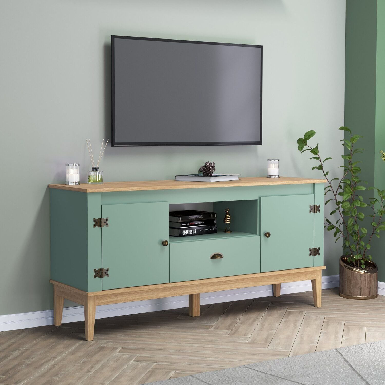 Rack - Colonial 135x66x41 Cm 2 Portas 1 Gaveta Mel / Oliva