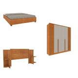 Quarto Casal Guarda-roupa 6 Portas Ripado Nova York E Cama Box Queen Mônaco Com Cabeceira Ajustável Cinamomo/off White