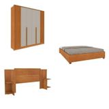 Quarto Casal Guarda-roupa 6 Portas Ripado Nova York E Cama Box Casal Mônaco Com Cabeceira Ajustável Cinamomo/off White
