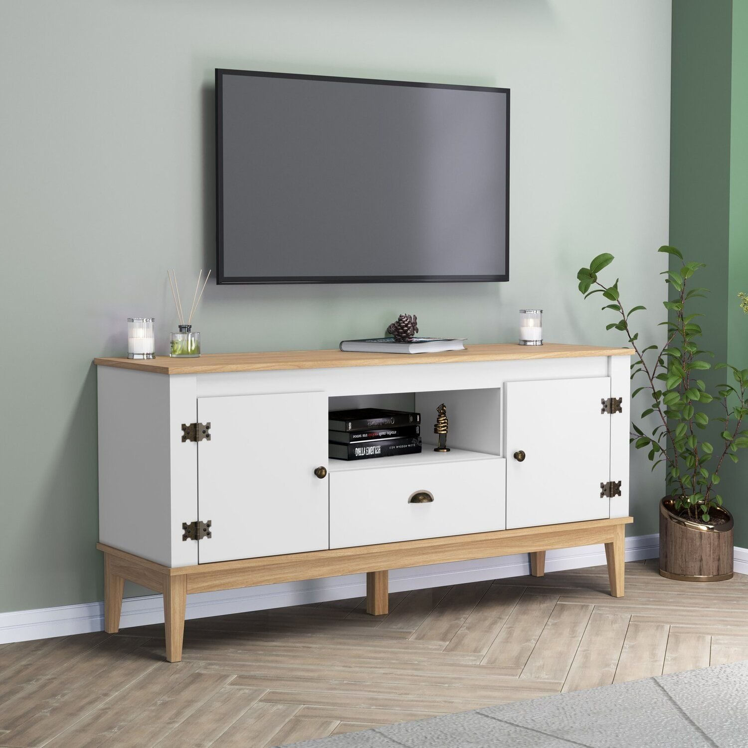 Rack - Colonial 135x66x41 Cm 2 Portas 1 Gaveta Mel / Branco