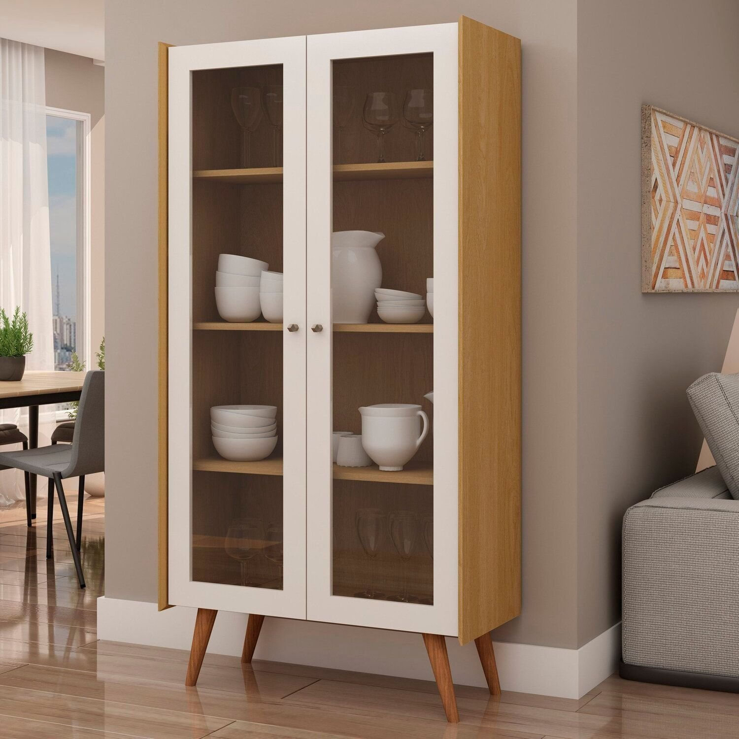 Cristaleira 2 Portas De Vidro Molduras Com Detalhes Em 45° 100% Mdf Cinamomo/white