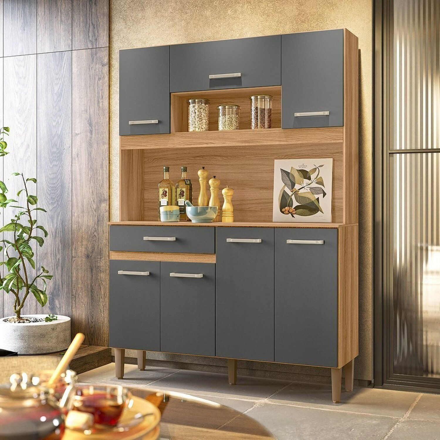 Armário De Cozinha 7 Portas 1 Gaveta Magazin Marrom/cinza