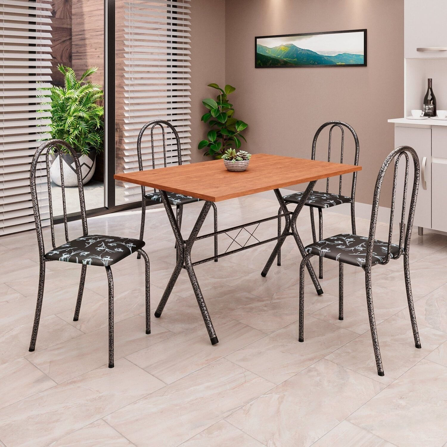 Conjunto De Mesa Tubular 62 100x60cm Tampo Em Mdf Com 4 Cadeiras Ane B Preto Floral/mart Prata