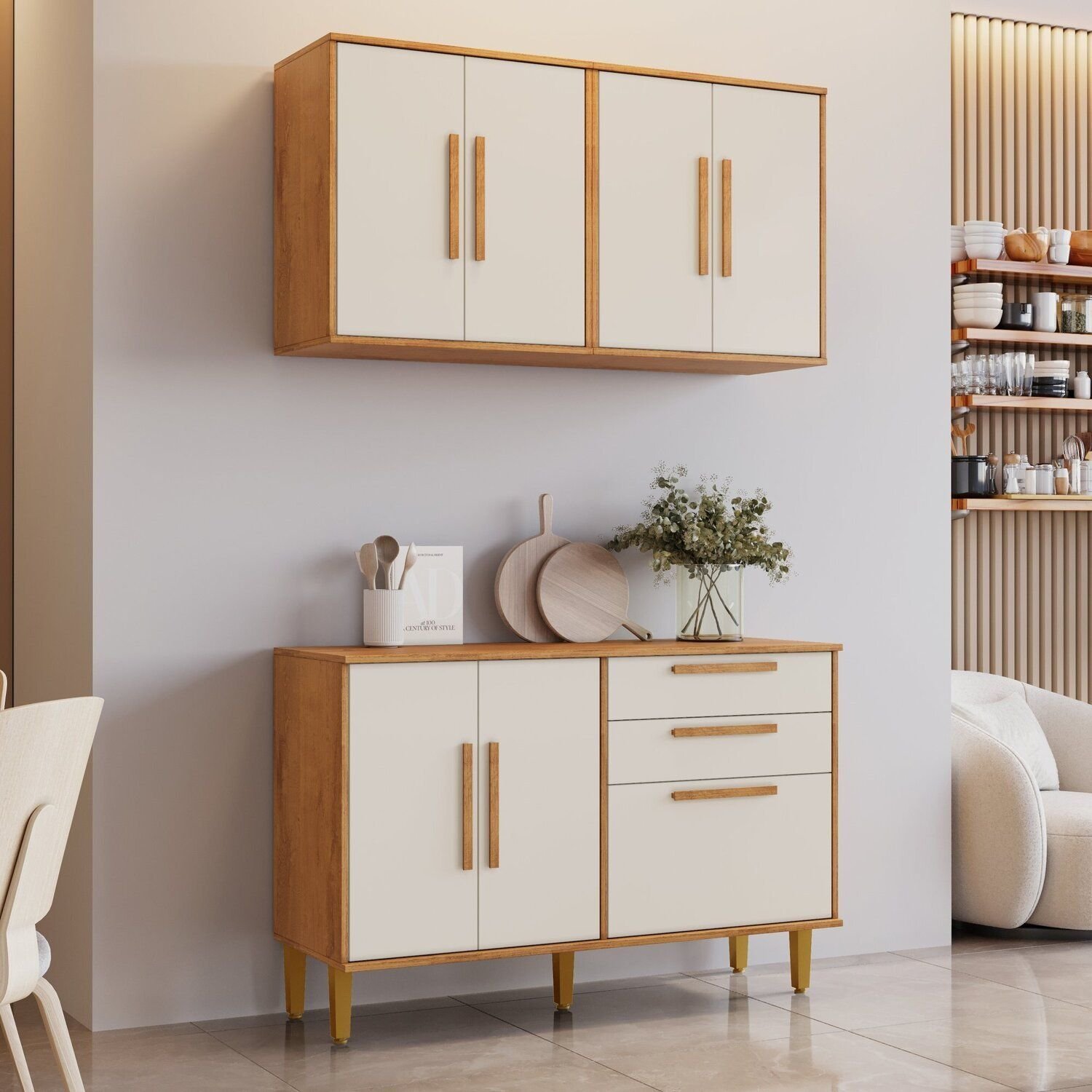 Cozinha Completa 3 Peças 7 Portas 2 Gavetas Lorena Marrom/bege