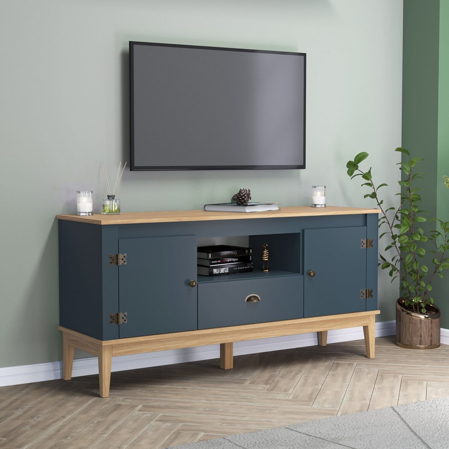 Rack - Colonial 135x66x41 Cm 2 Portas 1 Gaveta Mel / Petroleo