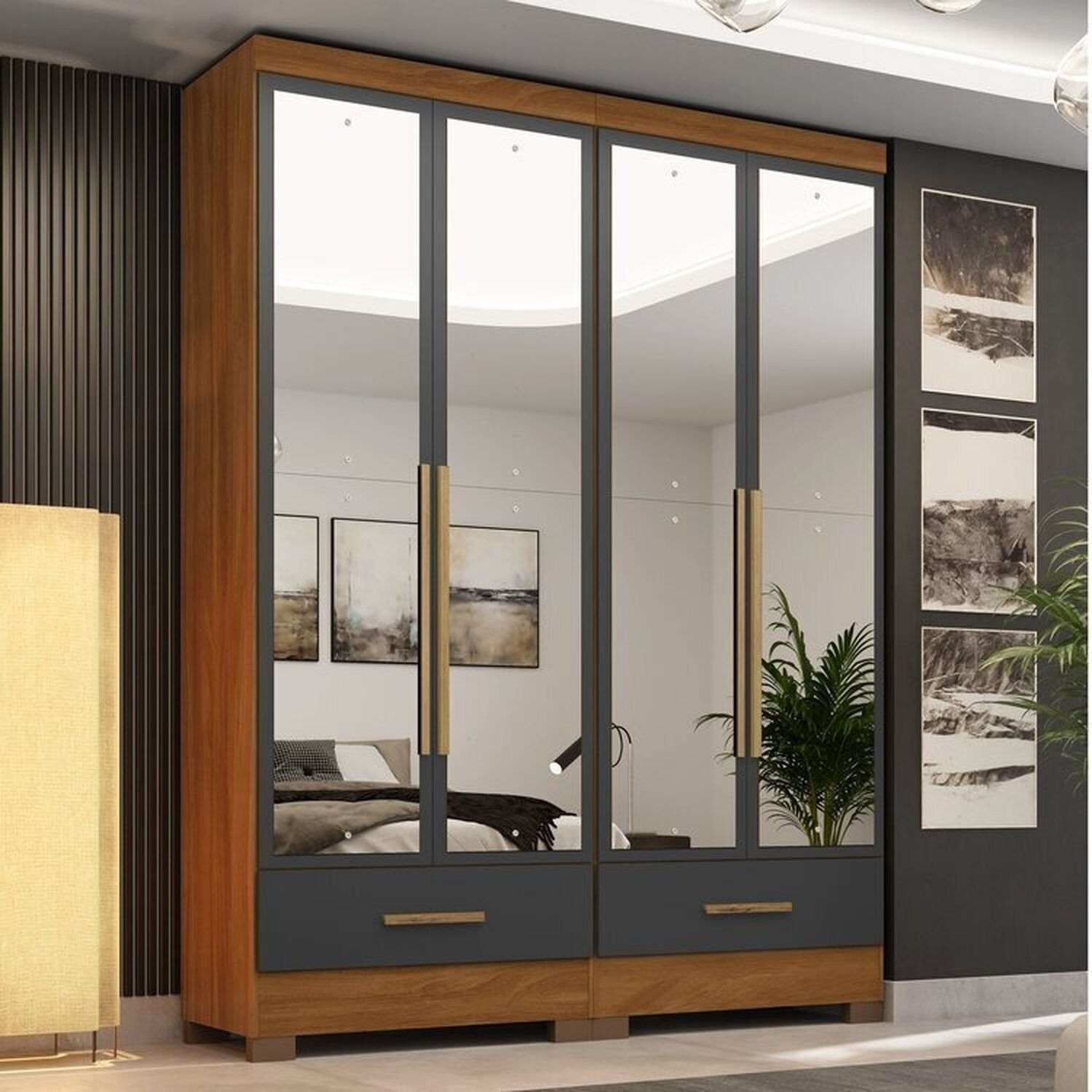 Quarto Modulado 100% Mdf 2 Peças 4 Portas 2 Gavetas Com Espelhos Smart Plus Espresso Móveis Cinamomo/cinza