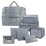 Kit Organizador De Malas 6 Peças + Bolsa Dobrável + Frascos De Viagem 10 Peças Cinza