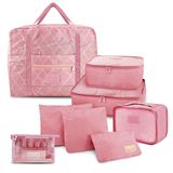 Kit Organizador De Malas 6 Peças + Bolsa Dobrável + Frascos De Viagem 10 Peças Rosa
