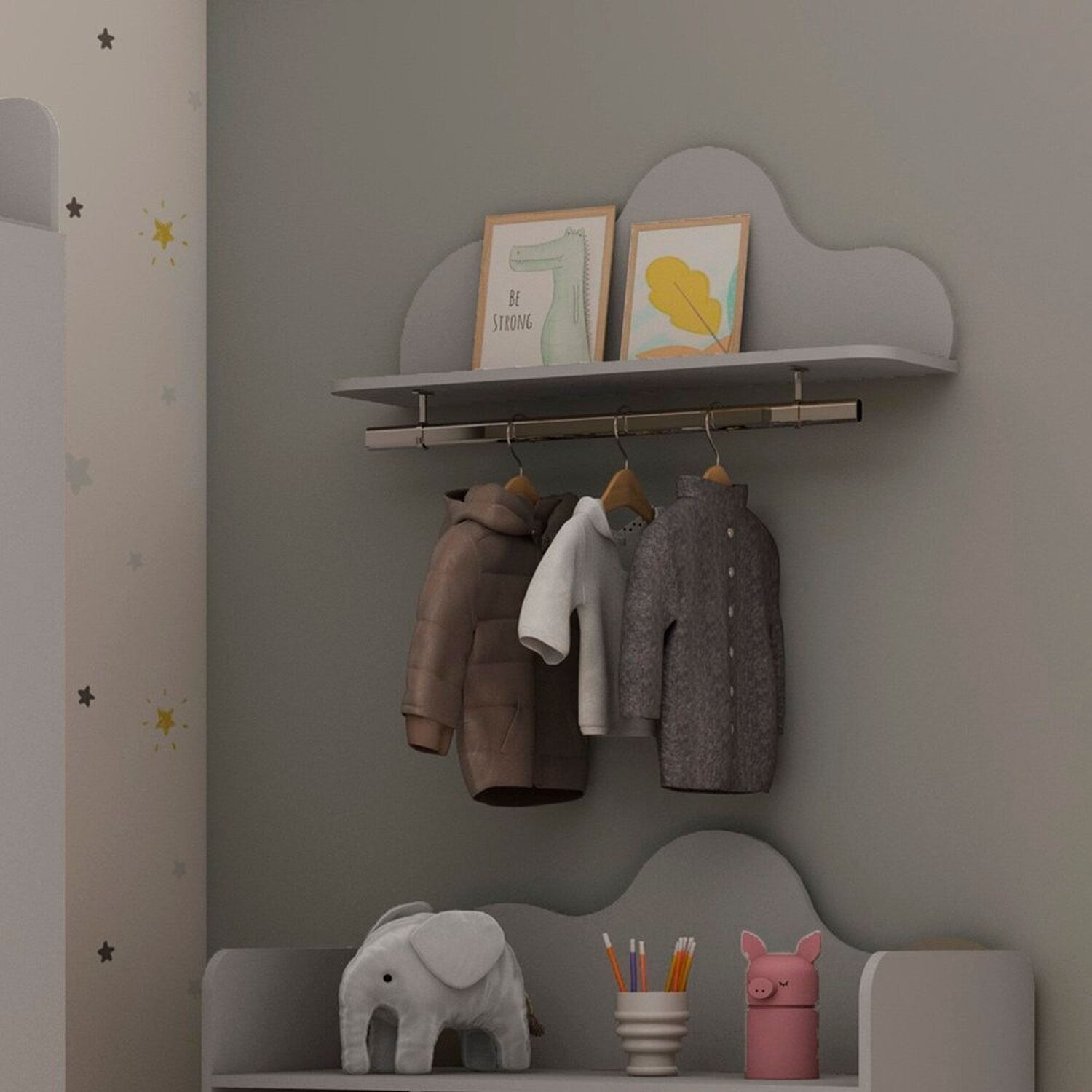 Prateleira 100% Mdf Com Cabideiro Em Alumínio Infantil Com Detalhe Orgânico Em Formato De Nuvem Fendi