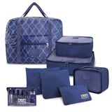 Kit Organizador De Malas 6 Peças + Bolsa Dobrável + Frascos De Viagem 10 Peças Azul