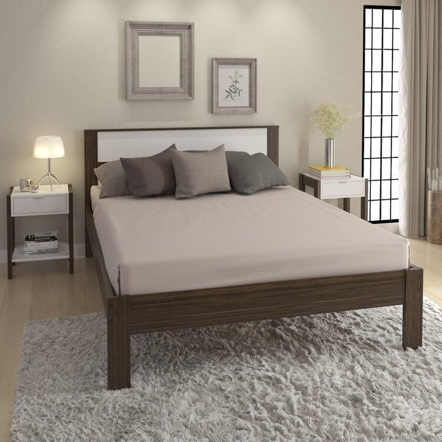 Conjunto Cama Casal Com 2 Mesas De Cabeceira Branco/nogal