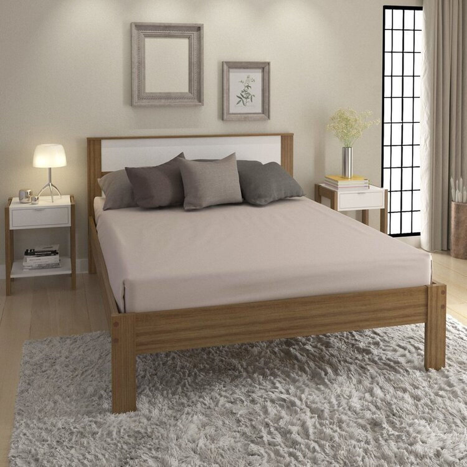 Conjunto Cama Casal Com 2 Mesas De Cabeceira Branco/amêndoa