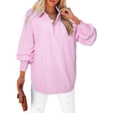 Camisa Feminina Elegante, Casual, Listrada, Com Decote Em V, Rosa, Tamanho P