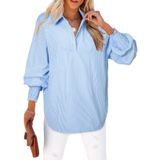Blusa Feminina Elegante Listrada De Verão Com Decote Em V E Manga Lanterna