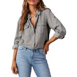 Camisa Feminina Elegante Com Decote Em V, Manga Comprida, Jeans Cinza Claro