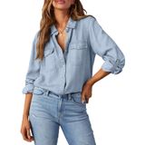 Camisa Jeans Estilosa Com Botões, Cambraia, Decote Em V, Feminina