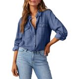 Camisa Elegante De Ganga Azul Ashleigh, Manga Comprida, Feminina