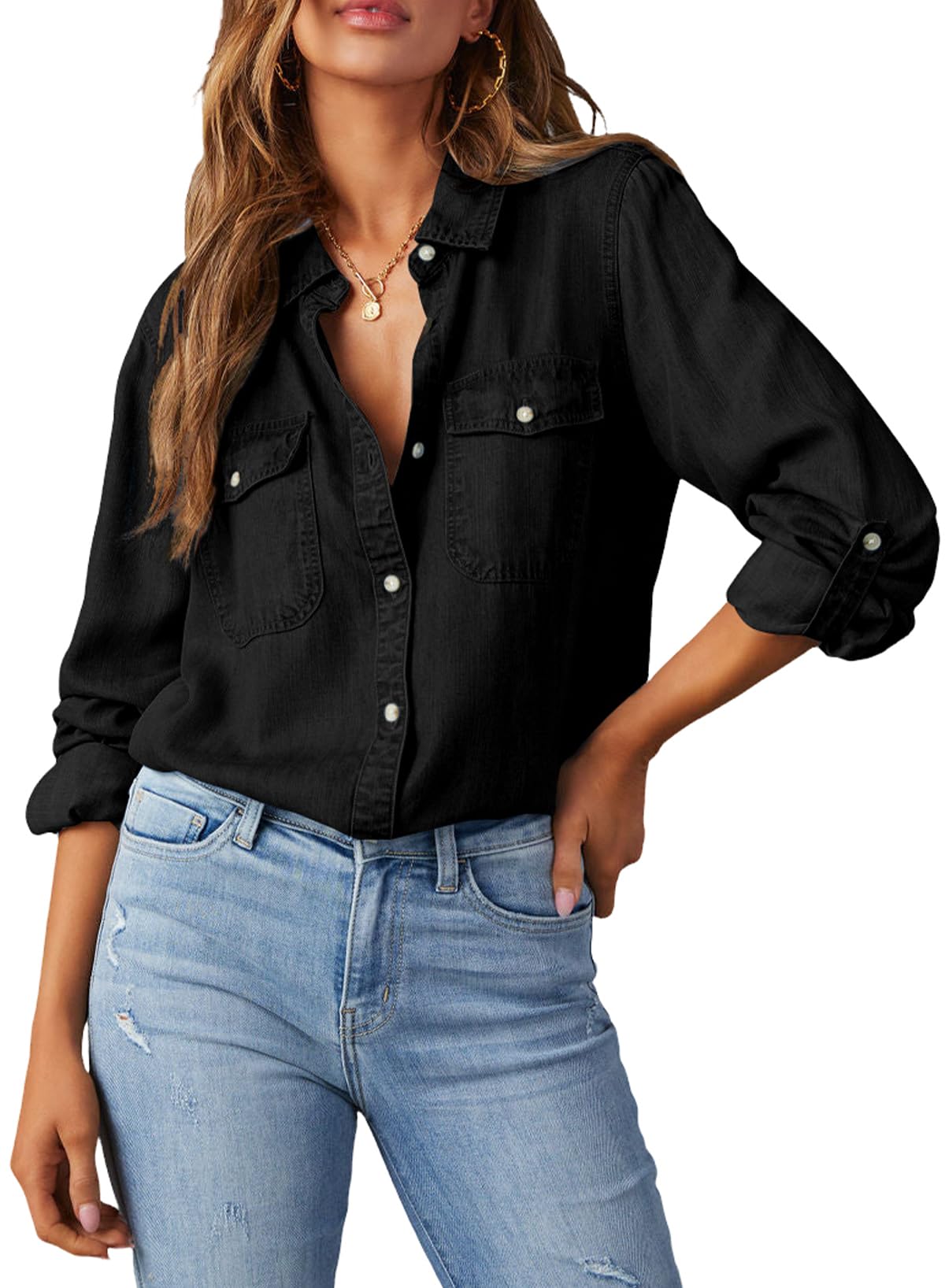 Camisa Astylish Ladies Button Down Jeans Preta Tamanho L