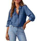 Camisa Feminina Elegante, Jeans, Decote Em V, Manga Comprida, Azul Vela
