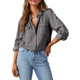 Camisa Feminina Elegante De Ganga Com Botões, Manga Comprida, Cinza, Gg