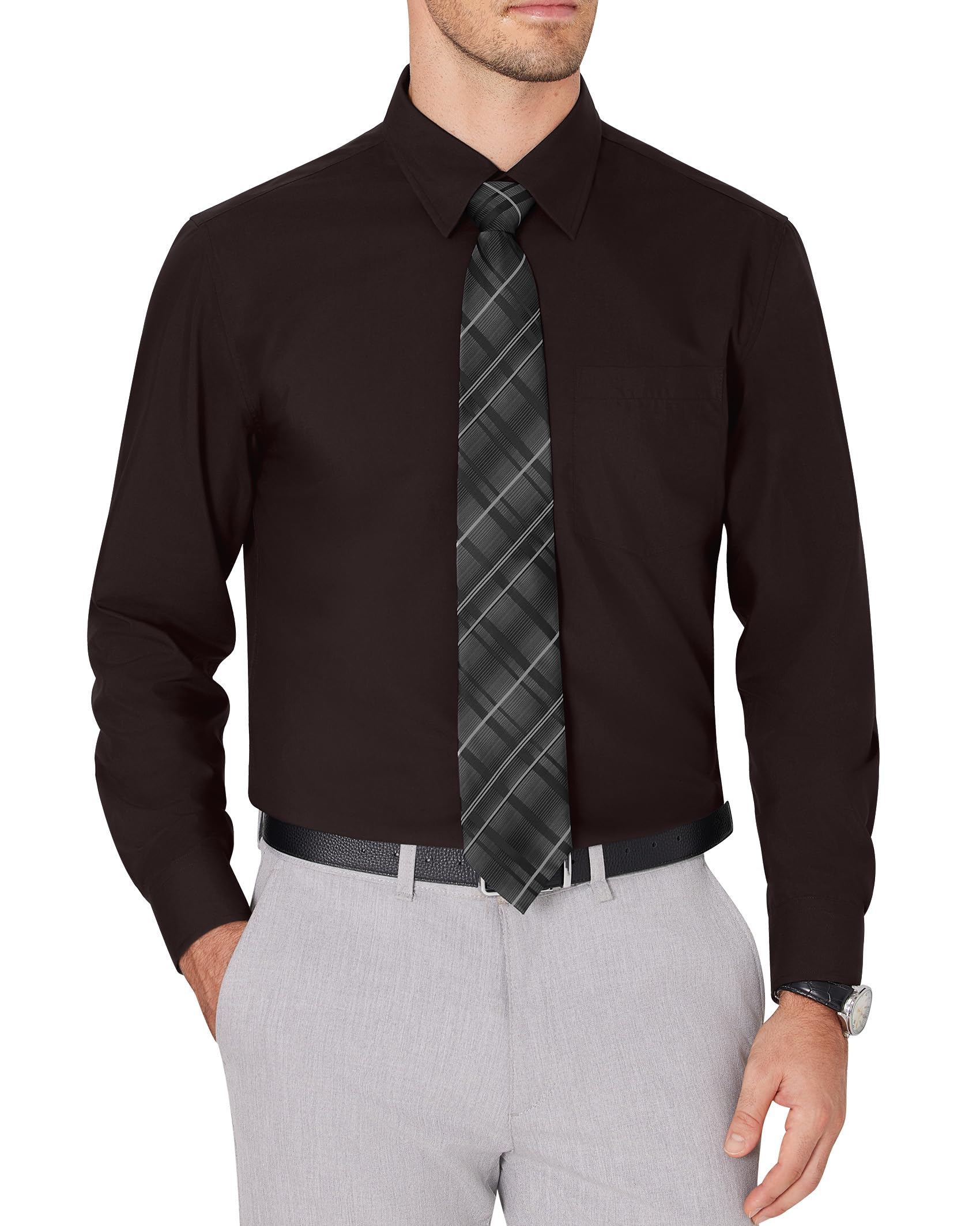 Camisa Social Masculina J.ver, Sem Rugas, Manga Comprida, Marrom Escuro