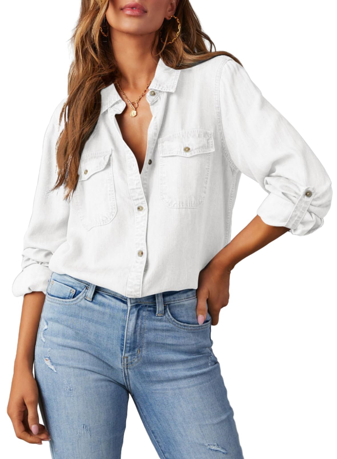 Camisa Jeans Feminina Elegante Com Botões Branca Gg