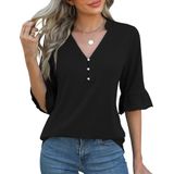 Blusa Rapbin Preta Com Decote Em V, Meia Gola, Botão, Feminina, S