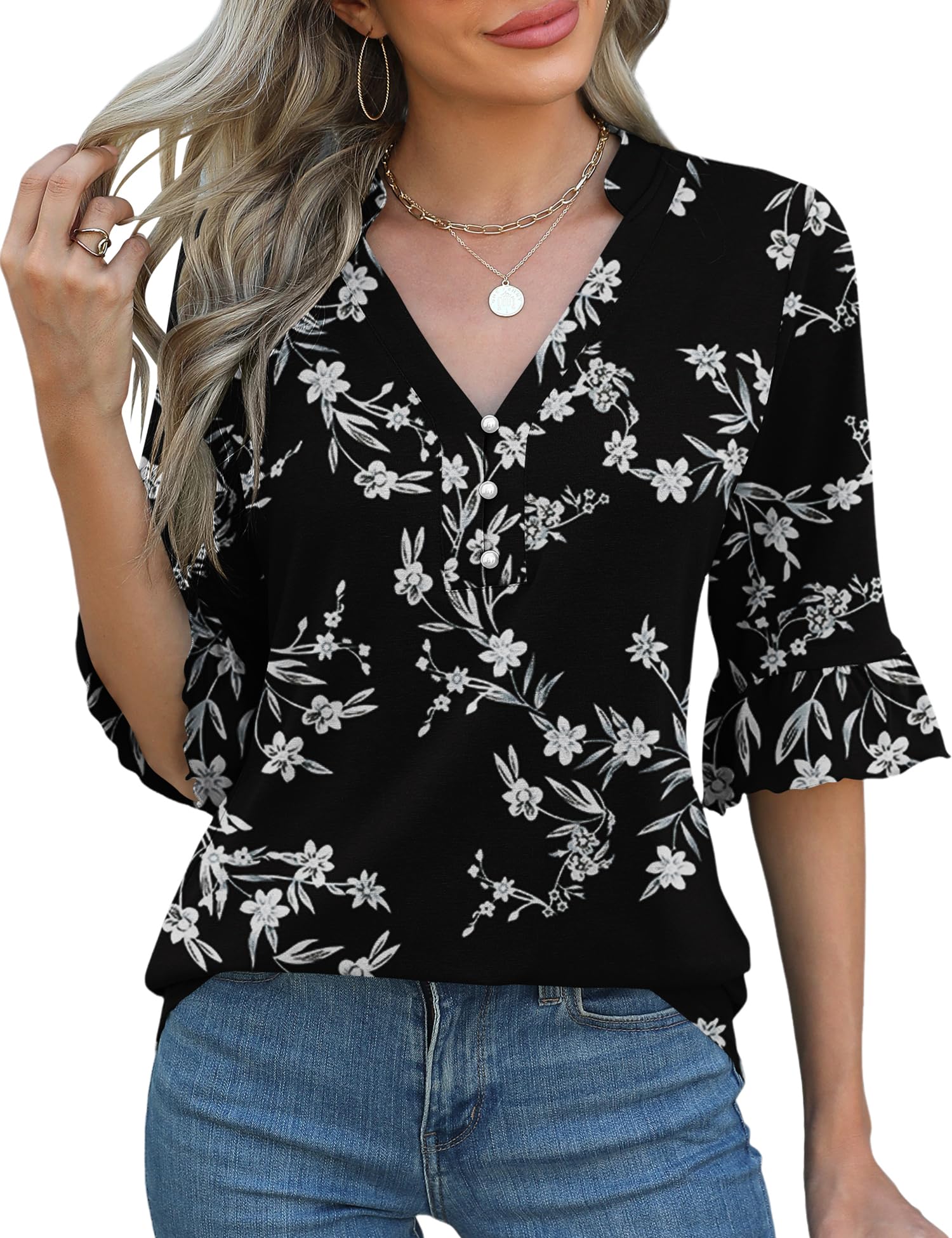 Top Rapbin Business Casual Para Mulheres Com Manga 3/4 Com Decote Em V Preto/branco