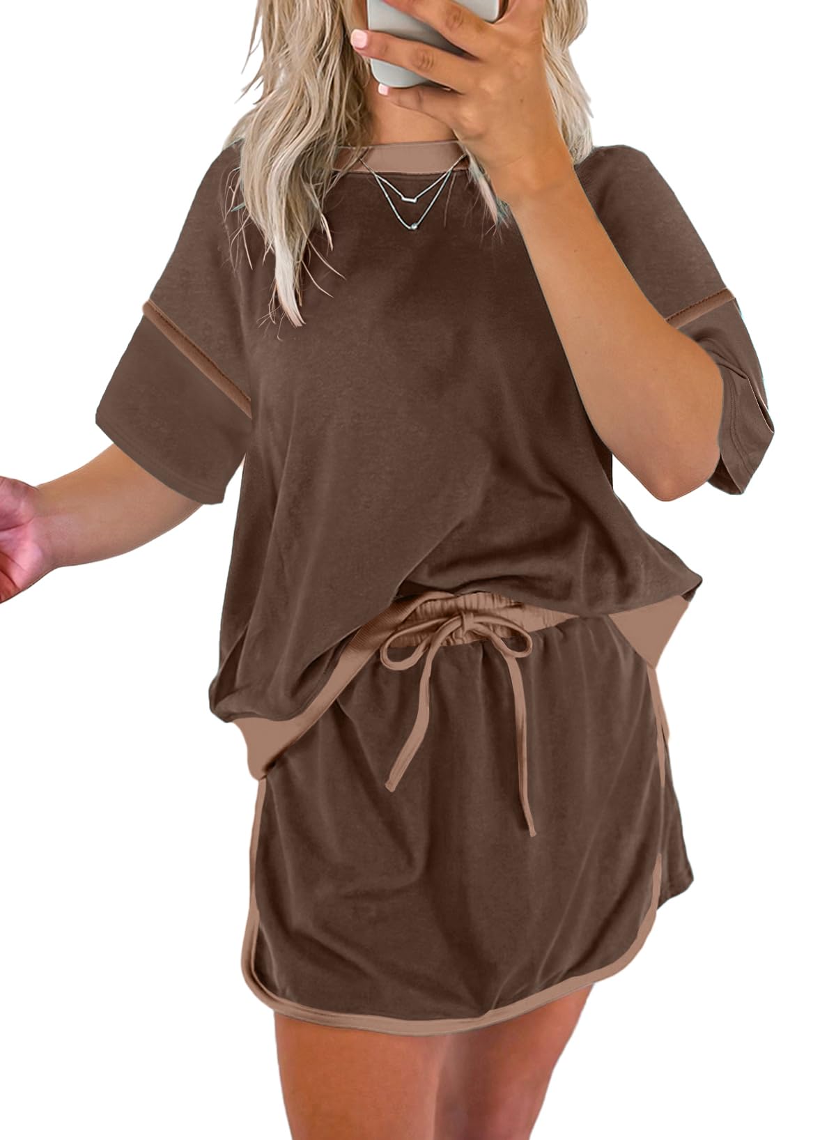 Conjunto De Saias Evaless, Roupa De 2 Peças, Manga Curta, Malha Marrom