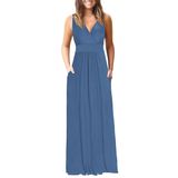 Vestido Longo Feminino Auselily Com Decote Em V Profundo, Solto, Azul Liso, 2gg