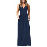 Vestido Longo Feminino Auselily Com Decote Em V Profundo, Solto, Azul Liso, M