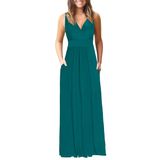 Vestido Longo Feminino Auselily Com Decote Em V Profundo, Solto, Verde Liso