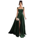 Vestido De Dama De Honra Stylefun, Cetim Esmeralda, Decote Quadrado, Evasê