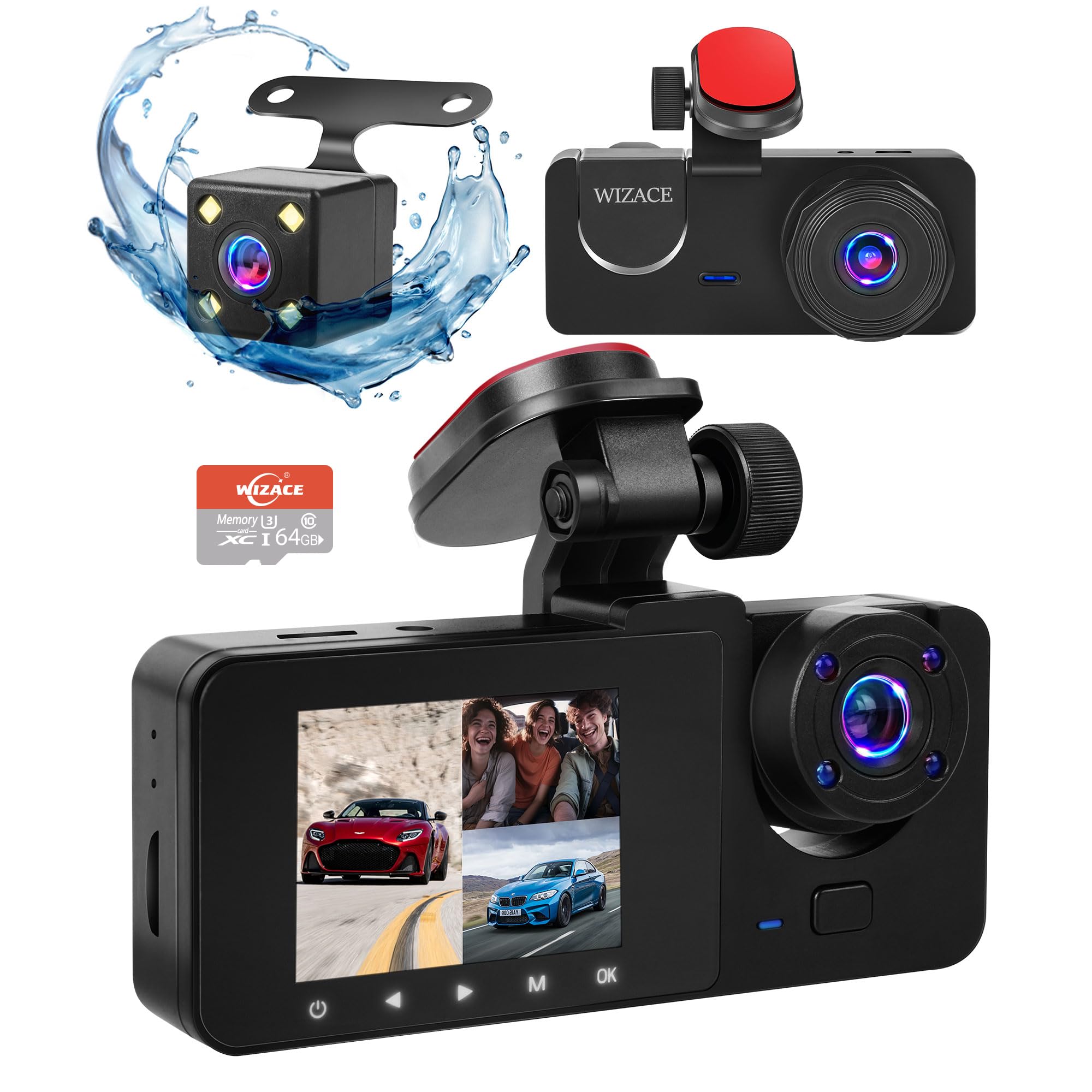 Dash Cam Wizace De 3 Canais Frontal E Traseiro Dentro De 1080p