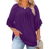 Blusas Femininas Elegantes Plus Size Com Babados, Manga Curta, Roxa
