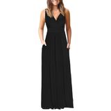 Vestido Longo Feminino Auselily Com Decote Em V Profundo, Solto, Liso, Preto