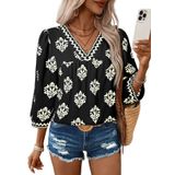 Blusa Feminina Casual Shewin Com Decote Em V Com Estampa Floral, Chiffon, Manga 3/4