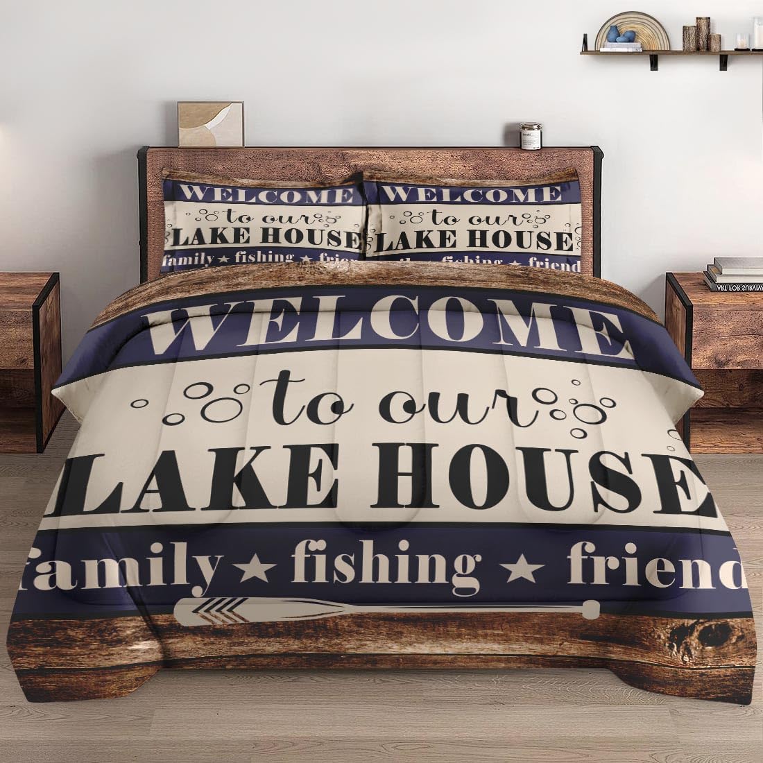 Conjunto De Edredom Wecozy Full Size Welcome Woodboard Lake, 3 Unidades