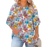 Blusa Micoson Plus Size Floral Plissada Com Babados E Manga Curta