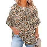 Blusa Micoson Plus Size Floral Plissada Com Babados E Manga Curta