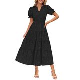Vestido Feminino Zesica 2025 Summer Puff, Manga Curta, Midi, Preto